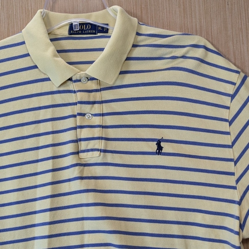 Polo Ralph Lauren Mens Preppy XL‎ Yellow Blue Striped Short Sleeve Polo Shirt